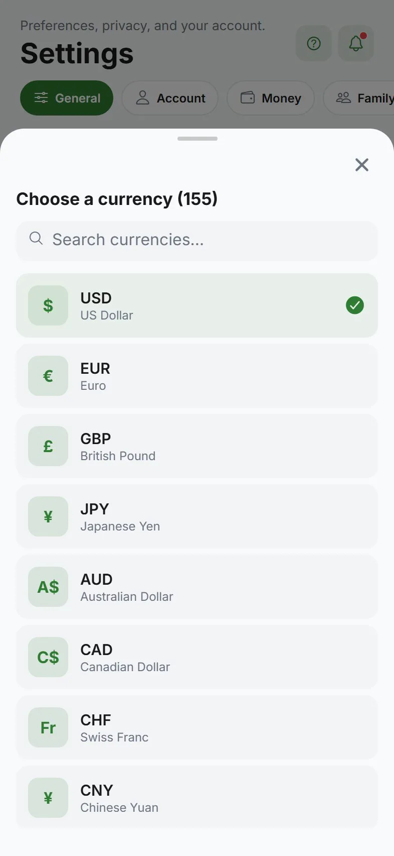 Currency picker