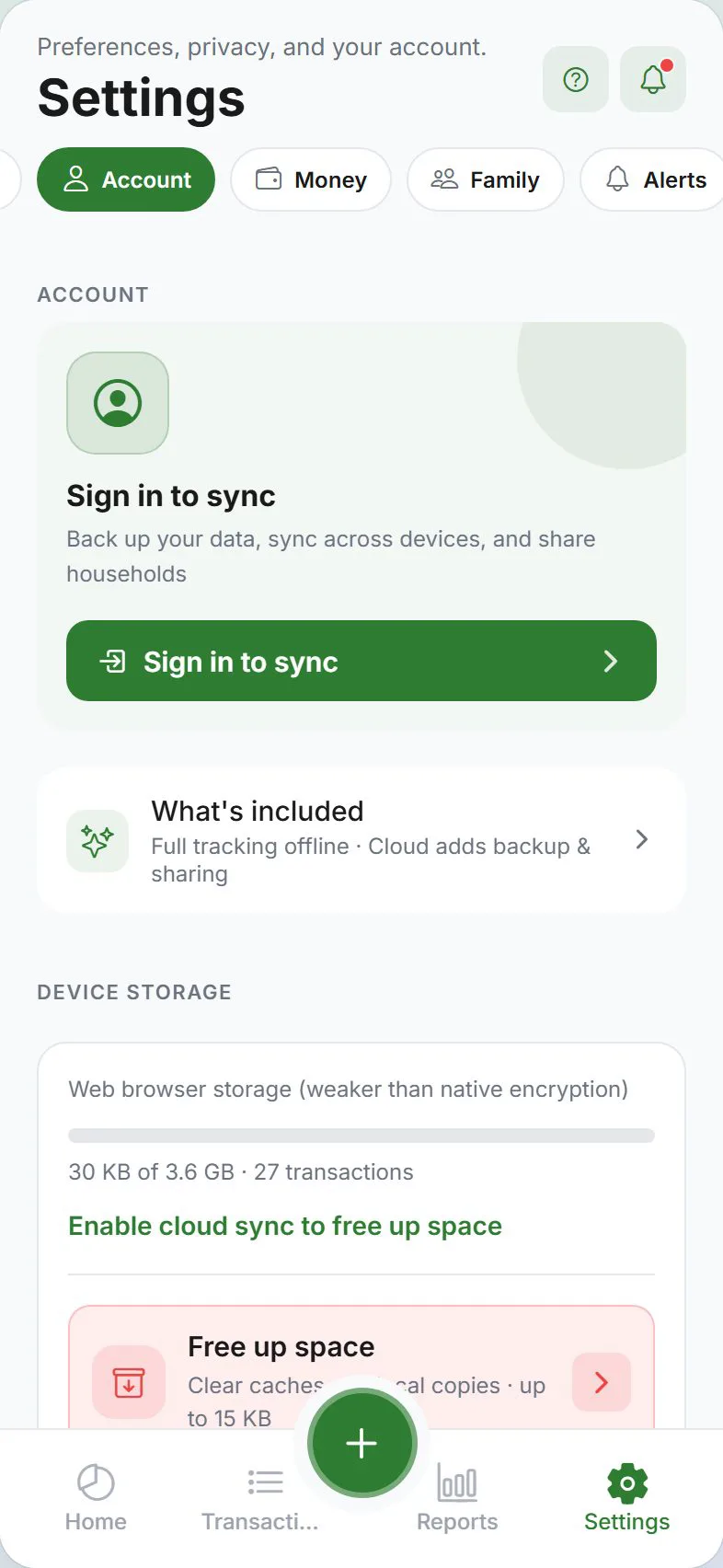 Settings — Account tab