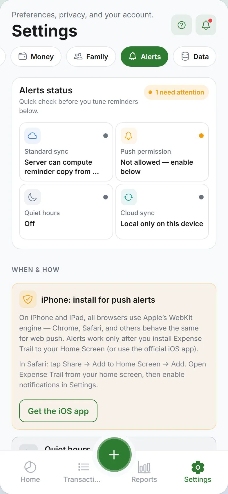 Settings — Alerts tab