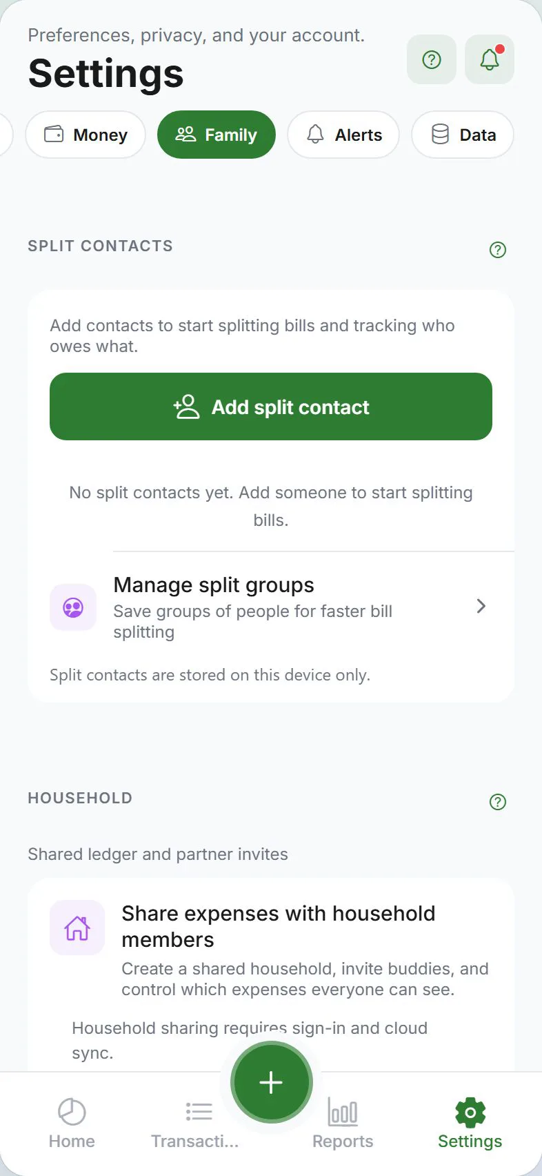 Settings — Family tab