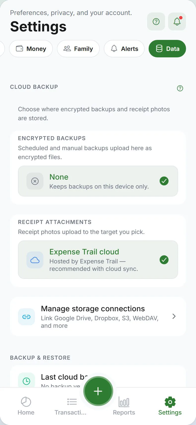 Settings — Data tab