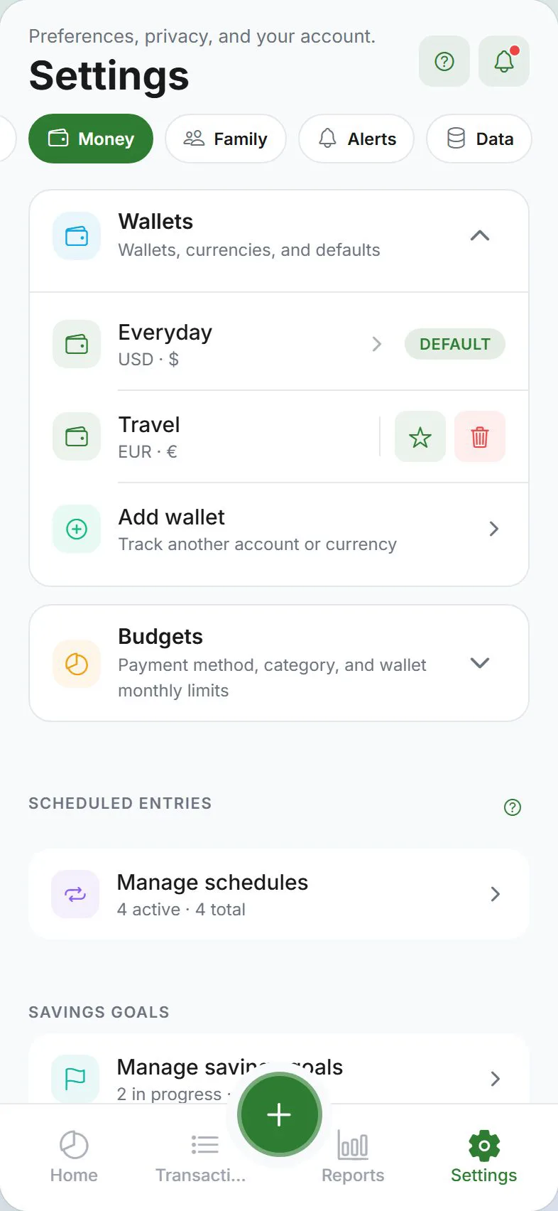 Settings — Money tab